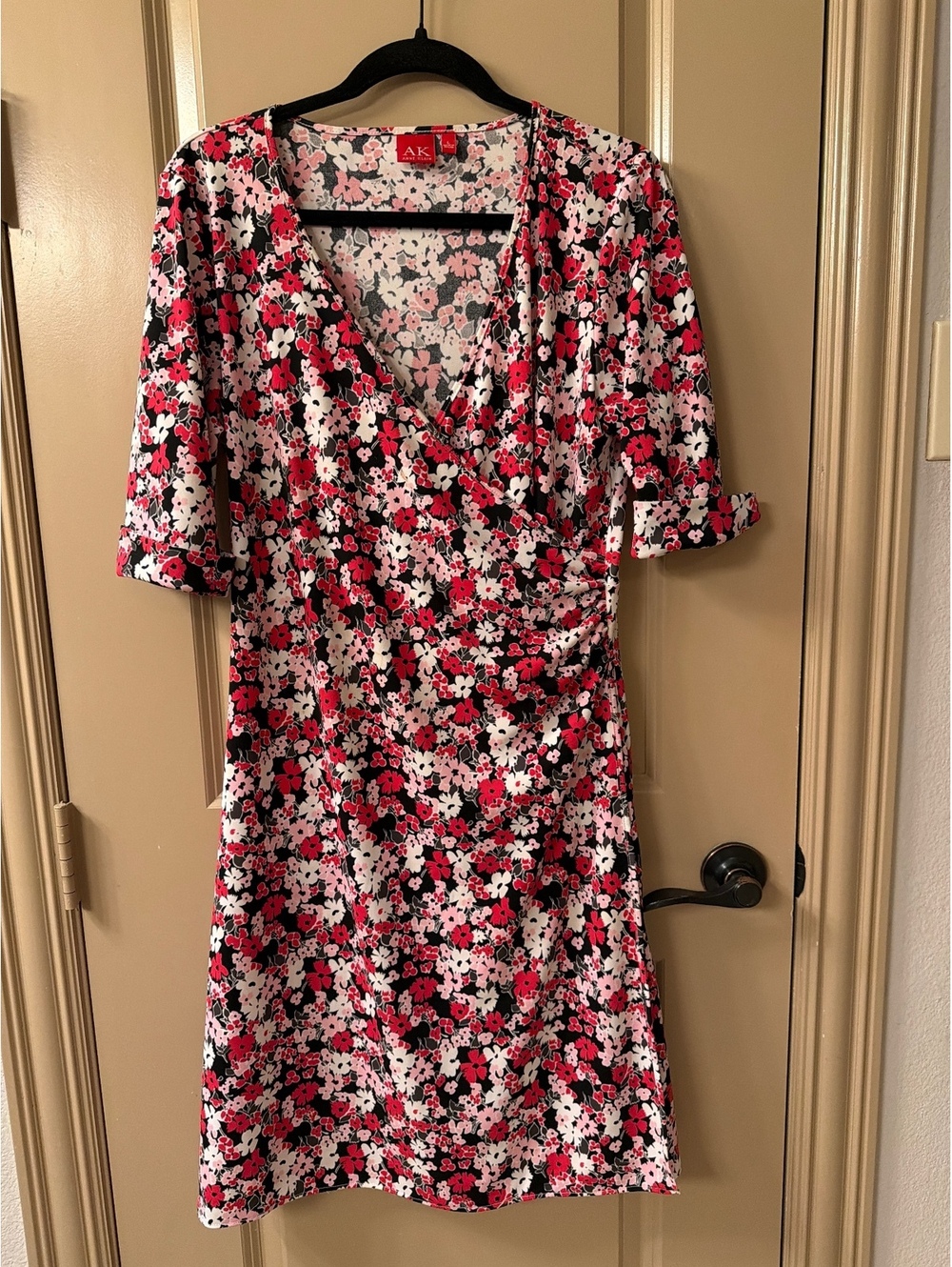 AK Anne Klein Women's Floral Print Wrap Dress with 3/4 Sleeves, Size Medium